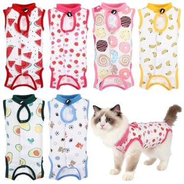 Imagem de Meyeyaia Conjunto de 6 conjuntos de roupas de recuperação para gatos, macacão feminino e masculino macacão de recuperação de gatos, gola E, pijama alternativo para pós-cirurgia, esterilização da pele