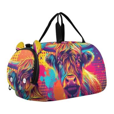 Imagem de Bolsa esportiva para meninos e crianças pequenas, bolsas de viagem para meninas, academia, bagagem infantil, arte pop, vaca highland, Pop Art Highland Cow, Clássico