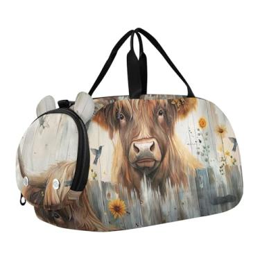 Imagem de Bolsa esportiva para meninos de fim de semana, bolsa de viagem com alça de ombro, estampa de margarida e borboleta, Floral rústico de vaca Highland, Clássico