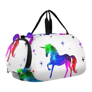 Imagem de Bolsa esportiva rosa de morango para meninos, bolsas de fim de semana para meninas, bolsa de viagem para crianças, Estrelas de cavalo coloridas brancas, Clássico