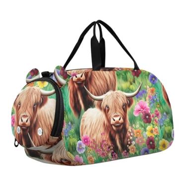 Imagem de Linda bolsa esportiva para meninos da floresta da família de cervos durante a noite, bolsa de viagem para meninas, bolsa de viagem com compartimento para sapatos, Conjunto floral Highland Cows