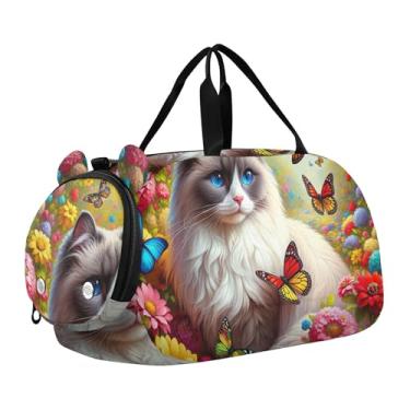 Imagem de Bolsa esportiva para meninos e crianças pequenas, estilo chinês, árvores, flores, pássaros, bolsa de viagem com compartimento para sapatos, borboletas fofas de flores coloridas para gatos, Clássico
