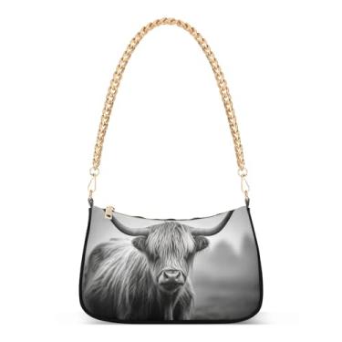 Imagem de Bolsa de ombro preta branca com corrente de vaca Highland, bolsa Hobo feminina artística para uso diário e noturno