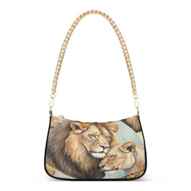 Imagem de Bolsa de ombro com corrente marrom leão, estampa artística Hobo para mulheres, bolsa média moderna com grande capacidade