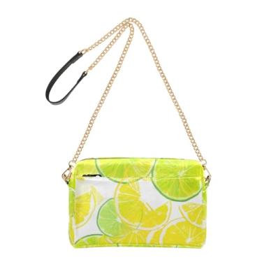 Imagem de Bolsa feminina amarela verde limões fatias brancas bolsa de ombro de couro PU com alça de corrente bolsa de telefone fofa