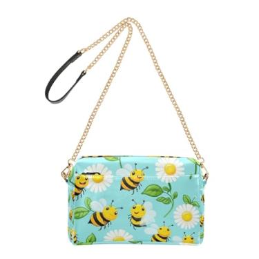 Imagem de Bolsa feminina verde com estampa de abelhas e flores fofas de couro PU com alça de corrente para celular