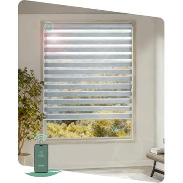 Imagem de Yoolax Persianas zebra motorizadas para janelas, persianas zebra inteligentes funcionam com Alexa Google via Hub, persianas motorizadas com controle remoto de luz horizontal (80% sombreamento cinza