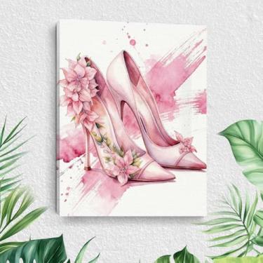 Imagem de Arte de parede em tela de salto alto da moda, salto alto em aquarela rosa e pinturas de arte emolduradas de flores, decoração de parede, estampa de material estético descolado, imagem para mulheres