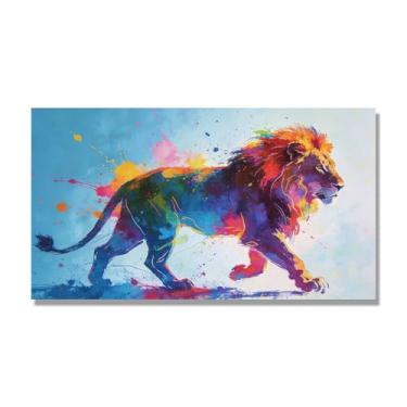 Imagem de NHLDZYH Arte abstrata de respingos de leão, pintura colorida de animais em tela, decoração de parede expressiva moderna para sala de estar ou escritório. A96. 70 x 125 cm - 27,6 x 49,2 pol. Somente