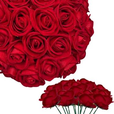 Imagem de HinyoCo 28 peças de flores artificiais de rosas de seda, rosas falsas com hastes para buquês de casamento, mesas, centros de mesa, arranjos de festa, chá de bebê, aniversário, decoração de casa