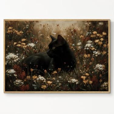 Imagem de Pôster de gato preto Moody imagens de animais góticos, estampa floral de gato preto vintage, arte de parede de animais da Academia, tela temperamental, quadro de casa de campo escuro, decoração de