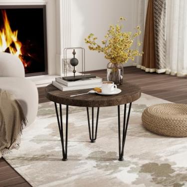 Imagem de Fun Memories Mesa de centro redonda - Mesa de assentamento de madeira de olmo com pernas de metal e base antiderrapante para pés - Mesas de canto rústicas para sala de estar e quarto - 50 cm P x 50 cm