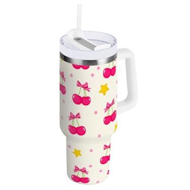 Imagem de SEHANY Copo de cereja fofo de 850 g com alça, copo isolado a vácuo de aço inoxidável de parede dupla, caneca de café à prova de vazamento, copo de viagem isolado cabe no suporte de copo de carro