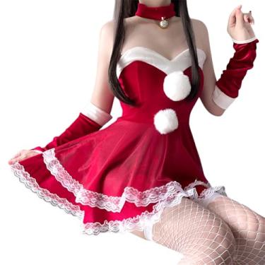 Imagem de Conjunto de lingerie de coelhinho sexy plus size uniforme de empregada com acessórios de Natal, fantasia multiestilo para casais, bordô, tamanho único