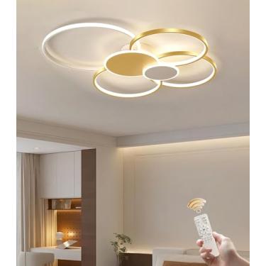 Imagem de Luminária de teto LED moderna e dimerizável com controle remoto, 93W, mudança de cor, design de 4 anéis em acrílico, iluminação inteligente ajustável para sala de estar, quarto e sala de jan