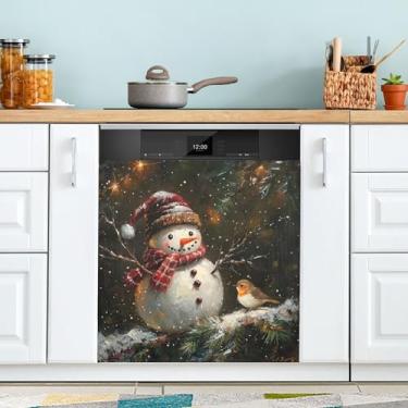 Imagem de xigua Capa magnética preta de boneco de neve de Natal, adesivos magnéticos decorativos antiarranhões para painel de geladeira e lava-louças, decoração personalizada de cozinha doméstica 58 x 66 cm