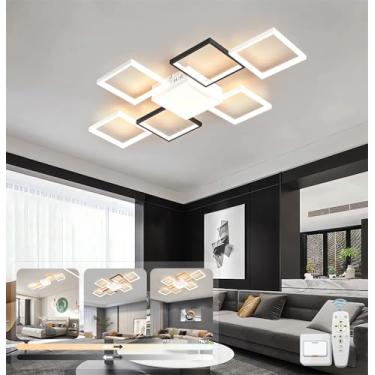 Imagem de Luminária de teto LED moderna, dimerizável, 3000K-6500K, com controle remoto, ideal para sala de estar, quarto, sala de TV ou escritório (preta, 110W)