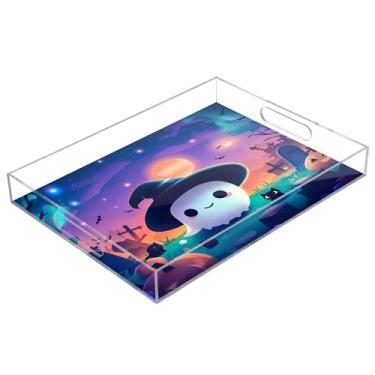 Imagem de xigua Bandeja de servir de acrílico fantasma de Halloween com alças à prova de derramamento, bandejas decorativas de festa de Halloween, bandeja organizadora de bancada para banheiro, cozinha, 30,5 x