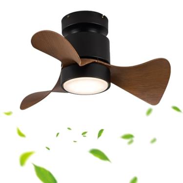 Imagem de Ventilador de teto pequeno com luz, 6 velocidades, reversível, DC, branco, com luz tricolor ajustável, para quarto, preto, com controle remoto.