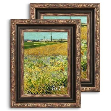 Imagem de GiftMust Porta-retrato 12 x 18 cm, moldura ornamentada em relevo, 12 x 18 cm com vidro real temperado, suporte de mesa ou parede para impressões de arte ou imagens, bronze e ouro antigo, pacote com 2