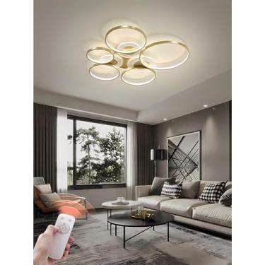 Imagem de Luminária de teto LED moderna e criativa para sala de estar, com design circular, dimerizável e com controle remoto. Ideal para cozinha, escritório, quarto e sala de jantar (dourada, 5 lâmpa