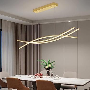 Imagem de Luminária pendente LED regulável para mesa de jantar, com controle remoto, ideal para sala de estar, cozinha e escritório (dourada, 120 cm de comprimento).