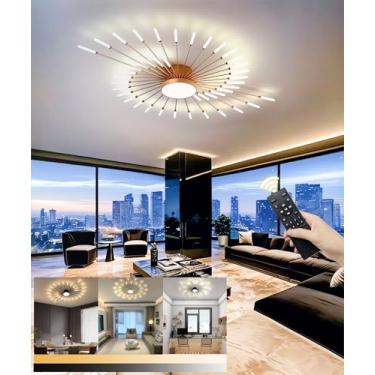 Imagem de Luminária de teto LED moderna com 42+1 lâmpadas, estilo lustre, com controle remoto, ideal para sala de estar, escritório, quarto e restaurante (Dourada, 42+1 lâmpadas).