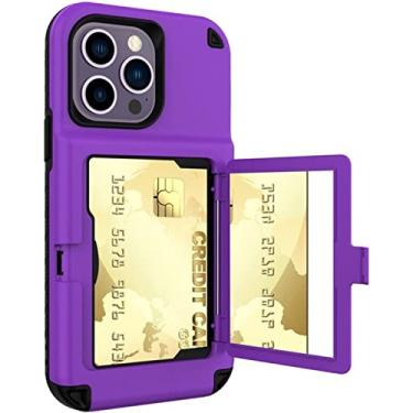 Imagem de FULNES Capa para iPhone 14/14 Plus/14 Pro/14 Pro Max, capa amortecedora premium com suporte de cartão espelho embutido resistente a impactos capa protetora de corpo inteiro (cor: roxo, tamanho: 14 Pro 6,1 polegadas)