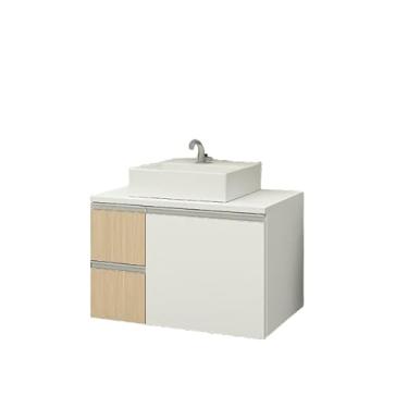 Imagem de Kit Gabinete MDF com Cuba e Espelheira 0,60m Para Banheiro (Branco/madeirado)