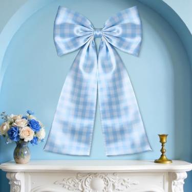 Imagem de CORNER LACE Decoração de laço xadrez azul, 60 x 120 cm, gravata borboleta grande de cetim para sala de casa, lareira, janela, porta, cadeira, cortina, férias, chá de panela, chá de bebê, despedida de