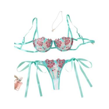 Imagem de Conjunto De Lingerie Feminina Bordada Floral Sutiã Transparente E Calc