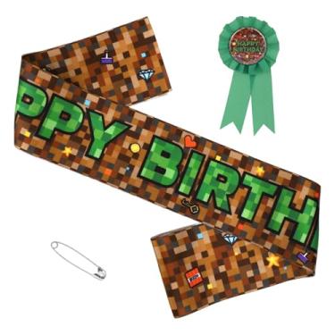 Imagem de Conjunto de Faixa e Broche Aniversário Pixel, Faixa e Broche Feliz Aniversário Tema Videogame para Meninos Meninas Crianças Lembrancinhas Decoração para Festas Temáticas