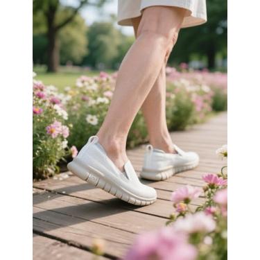 Imagem de Tênis de caminhada feminino, sem cadarço, antiderrapante, malha respirável, confortável, Branco, 39