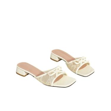 Imagem de Floerns Sandálias femininas rasteiras com laço de renda e bico aberto sem cadarço, sandálias elegantes de festa, Damasco, 37