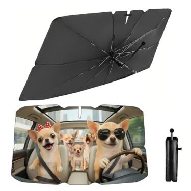 Imagem de GENANY Guarda-sol para cachorro chihuahua fofo para para-brisa de carro (137 x 78 cm) com alça dobrável de rotação de 360°, guarda-chuva dobrável para para-brisa de carro para caminhão SUV, decoração