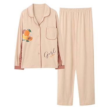 Imagem de 3FLQOOPP Pijama feminino de outono e inverno para uso doméstico conjunto de pijama feminino manga longa plus size pijama feminino (amarelo 3X)