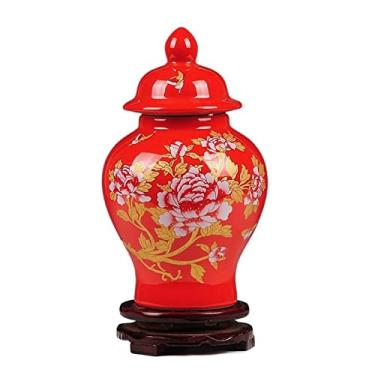 Imagem de URGDWEKJY Vaso decorativo de cerâmica, vasos rústicos de casa de fazenda para decoração de casa, peônias vermelhas, flores, potes de gengibre, vasos de flores de decoração de porcelana antiga
