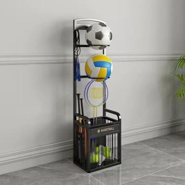 Imagem de Rack de armazenamento de bolas, suporte vertical para basquete, bolas de futebol, vôlei, etc., com 7 aros para ginásios, preto - 126 x 25 x 30 cm