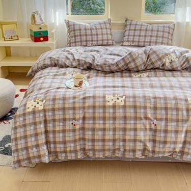 Imagem de LIWHENHAO Conjunto de capa de edredom Queen 100% algodão desenho animado gato gatinho em xadrez marrom 1 kawaii animal animal de estimação capa de edredom casal 2 fronhas para crianças, meninas