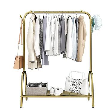 Imagem de Suporte para roupas resistentes, trilho de roupas resistentes, suporte de exibição de roupas com 2 ganchos e suporte inferior, rack de secagem multifuncional, cabideiro, dourado (100 cm)