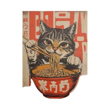 Imagem de Pôster De Lona Com Gato Japonês Comendo Macarrão, Arte Moderna Para Co