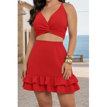 Imagem de Short Saia Conjunto Feminino Blusa com Bojo - Miss Anne, Vermelho, G, 