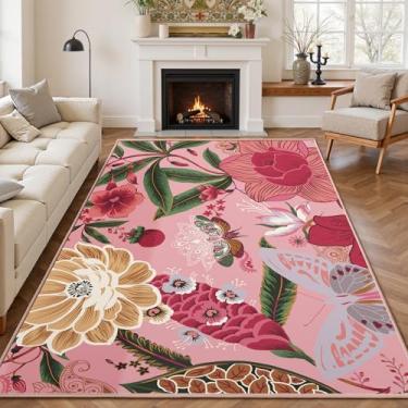 Imagem de Tyrot Tapete de sala de estar rosa boho floral borboleta botânica 1,5 x 2,1 m