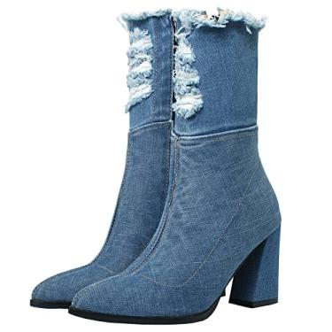 Imagem de MAVMAX Botas femininas de cano baixo, bico fino, salto alto, jeans, azul, cano médio, cano médio, com zíper lateral, Curto, azul escuro, 35