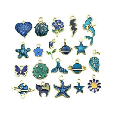 Imagem de Pingentes De Esmalte Azul Escuro 20 Peças: Estrela, Flor E Coração Par