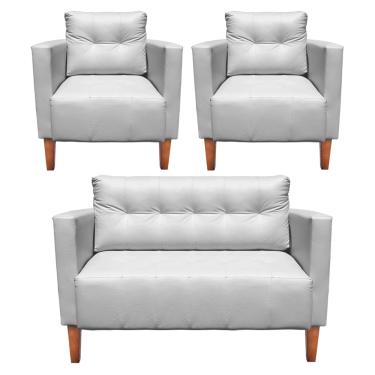 Imagem de Kit 1 Sofá Namoradeira e 2 Poltronas Livia Corino Branco Pés Chanfrado Castanho - D'Rossi