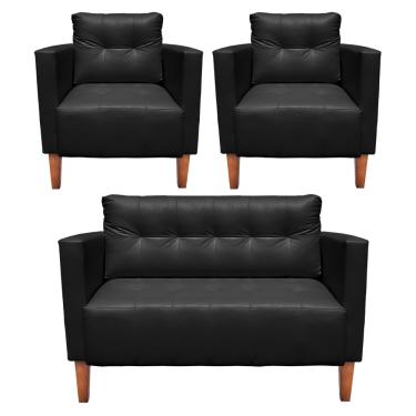 Imagem de Kit 1 Sofá Namoradeira e 2 Poltronas Livia Corino Preto Pés Chanfrado Castanho - D'Rossi