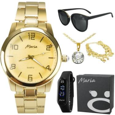 Imagem de Colar + relogio feminino banhado caixa led moda casual strass original