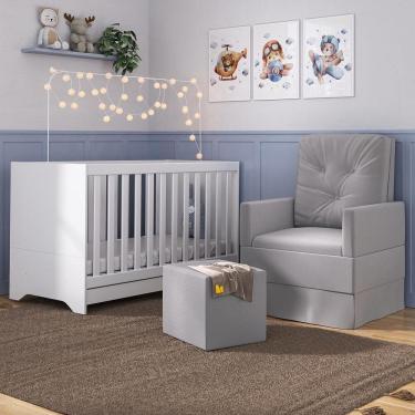 Imagem de Berço 3X1 Com Colchão Incluso Poltrona De Amamentação E Puff Mp4100 Branco/Cinza Branco/Cinza