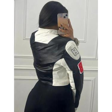 Imagem de Jaqueta Feminina Com Estampa De Penas E Patchwork, Manga Comprida, Com